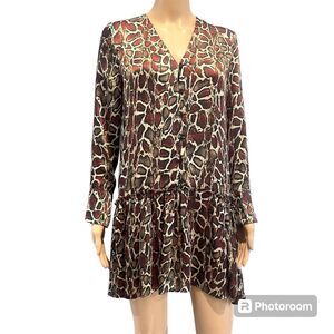Zara Women’s Button Front Long Sleeve Dress Tunic Top Snake Print V-Neck Small